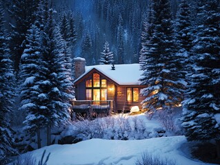 Cozy winter retreat cabin surrounded by snow-covered trees
