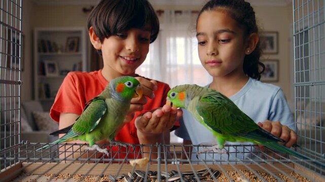 Children cultivate relationships and confidence by engaging with winged creatures, Young children establish trust and social bonds through interactions with domesticated birds in various settings