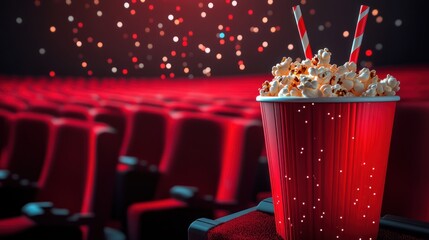 Red Milkshake with Popcorn in Cinema.