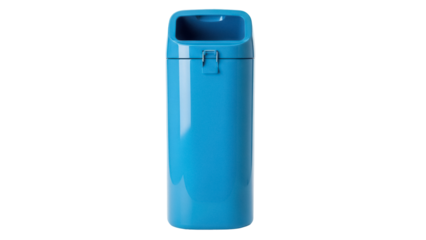 Isolated sky blue water bottle or thermos container with locking clip lid for liquids
