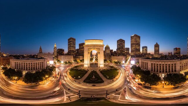 Panoramic 360-degree view of a city square with a monument at dusk, featuring light trails from moving traffic and illuminated buildings against a twilight sky.