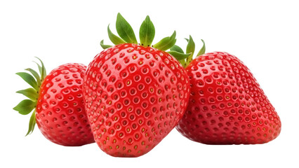 Isolated group of strawberries with leaves, fresh and ripe summer fruit close-up macro view