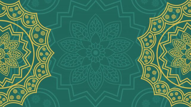 Elegant Islamic geometric ornament with green and gold mandala design on a dark background. Perfect for Ramadan celebrations, Islamic events, spiritual visuals, and festive decorations