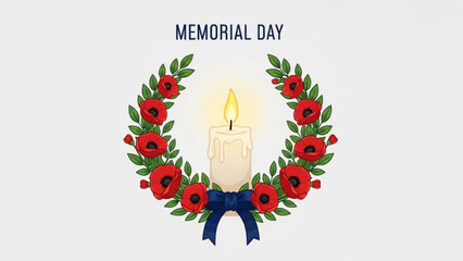 Memorial day wreath with poppies and candle, symbolizing remembrance and respect on a solemn occasion