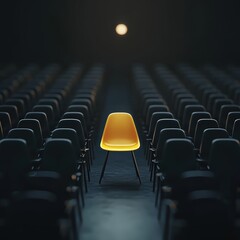 Obraz premium Single Yellow Chair Surrounded by Empty Seats in Dark Auditorium with Soft Lighting