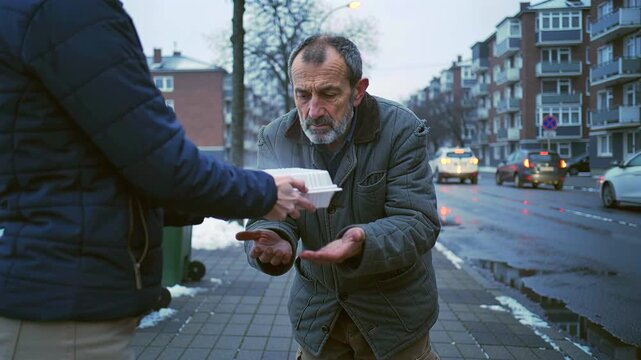 Acts of warmheartedness, Expressions of compassion and generosity on city streets at night, Thoughtful gestures demonstrating humanity and warmth during chilly city evenings and cold streets