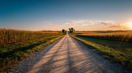 Long straight rural gravel road running through expansive farmland under a vibrant sunset sky with clouds