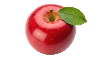 Isolated shiny red apple with stem and leaf in studio, vibrant fresh fruit diet food