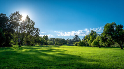 Obraz premium Lush green grass field with scattered trees under a bright blue sky and sunlight filtering through foliage