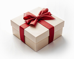Obraz premium Elegant gift box with red ribbon and bow on white background. Cream-colored gift box with a glossy red ribbon wrapped around it, forming a large, elegant bow on top.