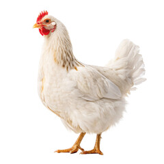 Fototapeta premium A single white hen stands in profile, facing left. isolated on transparent background