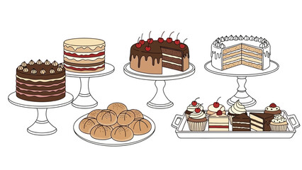 Dessert Cakes and Cupcakes Illustration – Bakery Sweets Display for Food & Pastry Design