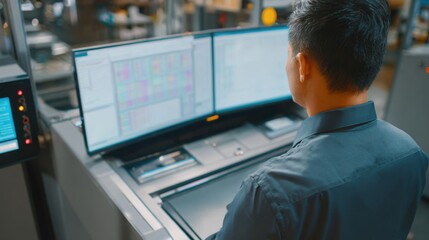 Medium shot of office worker monitoring automated scanning system interface illustrating control and accuracy in document digitization workflow.