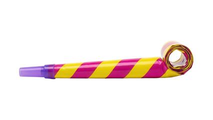 Isolated pink and yellow party favor rolled up for New Year's or birthday celebration © Patricia