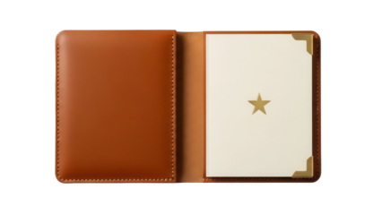 Isolated, open brown leather passport holder with a blank card and golden star decor