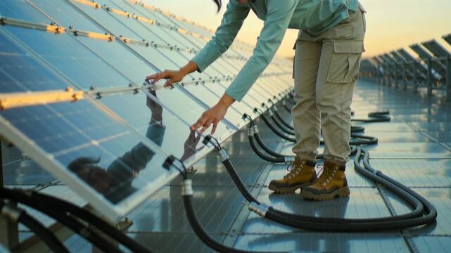 Technician installing panels during golden hour, Attentive technician connects and inspects rooftop solar system, Skilled worker meticulously installs and examines renewable energy solar panel array