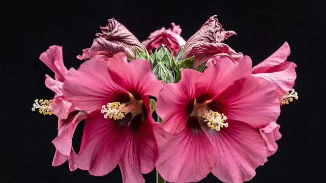 Time-lapse of pink hibiscus flowers blooming and wilting on a black background.