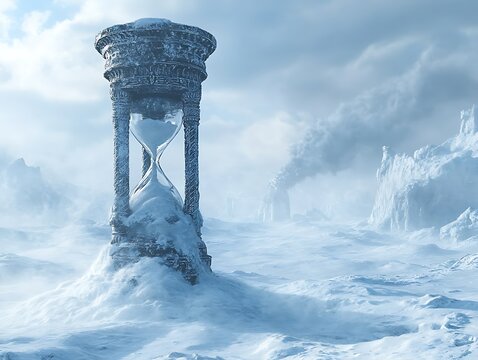 Frozen time: Ancient hourglass sculpture in snow-covered landscape under cloudy skies