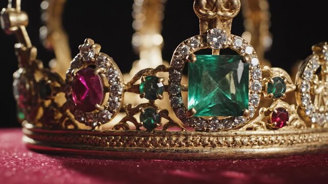 Extreme close-up slow motion shot of an antique golden crown detailed with sparkling jewels catching subtle light reflections power, gems, glittering