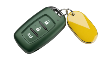 Isolated modern smart car key with yellow keyring, remote fob with buttons, technology