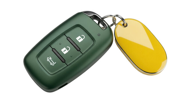 Isolated modern smart car key with yellow keyring, remote fob with buttons, technology