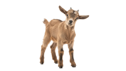 Isolated young goat kid standing inquisitively in a pasture, looking at the camera friendly