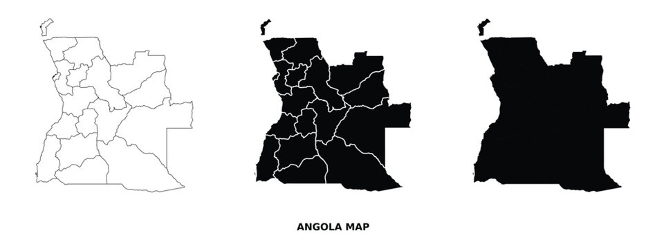 Angola map vector set with detailed administrative regions in black and white, country outline and political division illustration