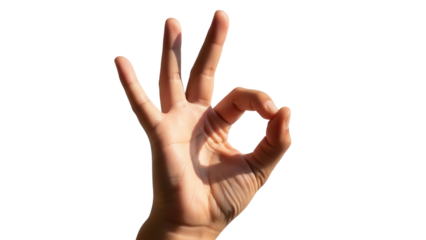 Isolated hand showing OK gesture, a symbol of acceptance and perfection, on clear backdrop