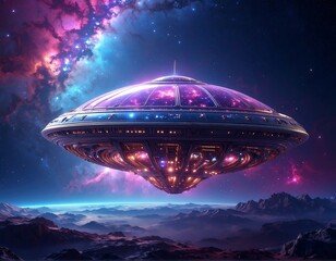 Futuristic flying disc hovering over a planet against vibrant space scenery