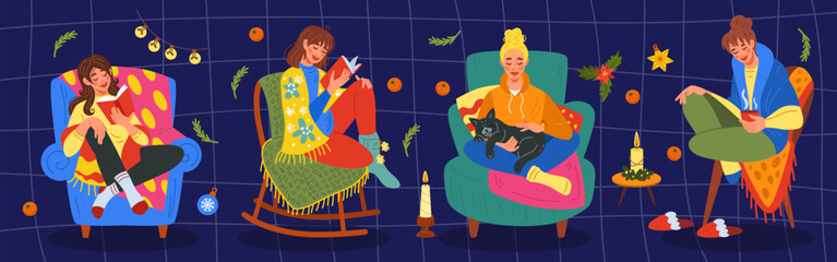 Girl warm by window. Christmas holidays leisure at home. Woman in armchair read book, cozy interior. Cute winter celebration. Relaxation by fireplace. Vector tidy cartoon flat style illustration