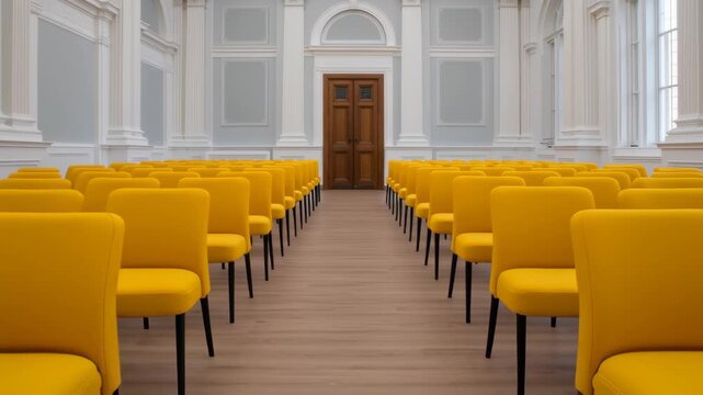 Wedding ceremony planning, yellow chairs arranged in a spacious hall.