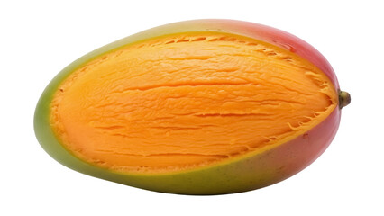Isolated half of a ripe mango, with an orange flesh, and a vibrant and colorful skin