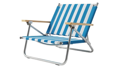 Isolated beach chair with blue and white stripes for sunbathing, relaxation or camping trip