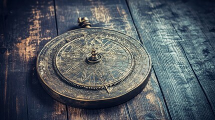 A detailed antique bronze navigational instrument astrolabe with intricate gears and dial rests on a rustic wooden surface