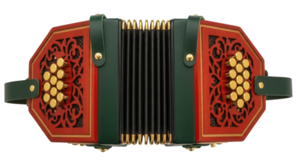 Isolated concertina squeezebox instrument with green hand straps, red bellows and golden buttons