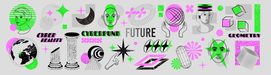 Retro futuristic element. Y2K cyberpunk sticker. Brutalism wireframe shapes. Techno object, acid forms. Tattoo design grunge. Stylized textured head, hands and columns. Vector geometric garish graphic