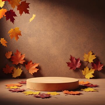 Autumn themed wooden podium with colorful falling leaves on a brown background