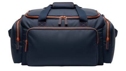 Isolated navy-blue duffel bag or sports bag with orange accents on a neutral background
