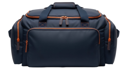 Isolated navy-blue duffel bag or sports bag with orange accents on a neutral background