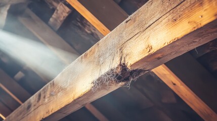 A rough hewn wooden beam with a significant crack down the middle showing natural grain texture and cobwebs within the structure