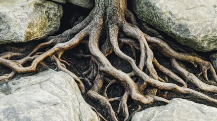 Intricate gnarled tree roots exposed and intertwined with rocks in natural detail