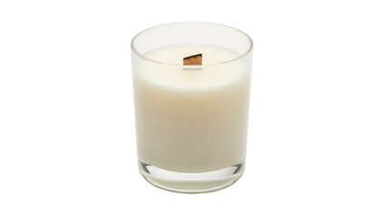 Isolated scented wax candle in glass holder with wood wick, home fragrance and aromatherapy
