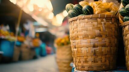 Group of sturdy woven baskets filled with locally grown produce at an outdoor market stall