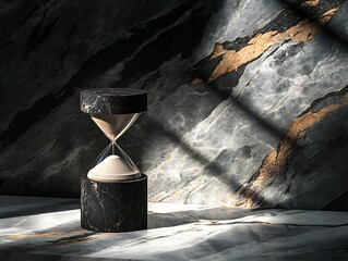 Elegant hourglass of marble stone against textured gray background with light