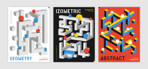 Isometric geometric poster. Abstract cube pattern. 3D perspective design. Colorful structure shape, modern banner. Construction concept template. Vector garish minimal graphic backgrounds collection