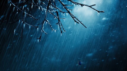 Tree branches coated in shimmering ice during a freezing rain storm with visible rain falling