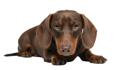 Isolated Chocolate Dachshund Puppy Resting, Lying Down and Looking Straight at the Camera © Diego