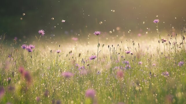 Gentle morning mist dissipates in a sunlit meadow revealing delicate purple wildflowers and grass - Powered by Adobe