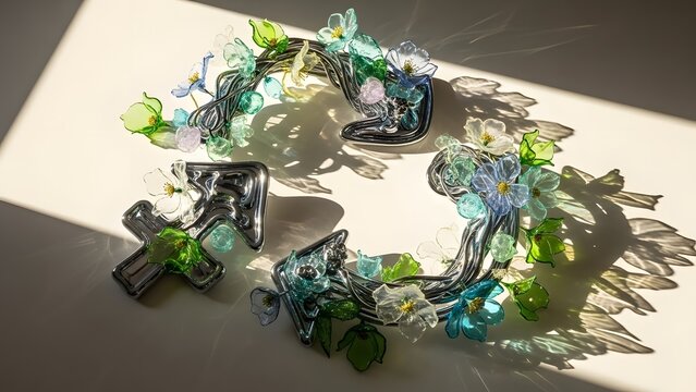 Abstract Liquid Chromium Recycling Symbol with Glass Petals, Aerial View