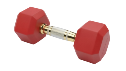 Isolated red dumbbell for fitness training, sport equipment for building muscles at gym, home
